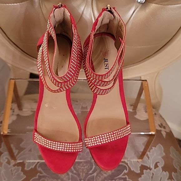 JustFab Red Gold Stud Open Toe Platform Stilettos - Picture 6 of 16